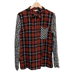 Promesa Women's Top Buffalo Plaid Mixed Button-Down Pull-Tab Sleeves Sz L Lagen